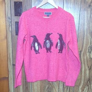 KAREN SCOTT Hot Pink Sequin Penguin Crewneck Sweater Women's Size M